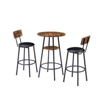 3 Piece Round Bar Table and Chairs Set, Small Dining Table for 2 with 2-Tier Storage, PU Upholstered Bar Stools - Mid Century Modern Space Saving Dining Furniture for Kitchen, Living Room