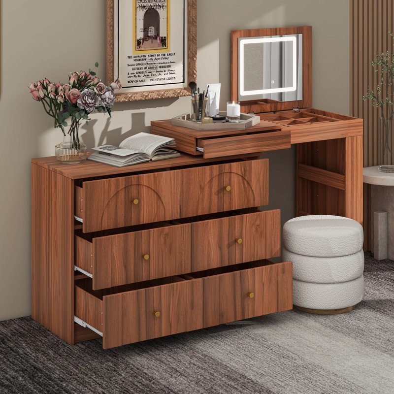 Vanity Desk With Mirror And Lights, Makeup Vanity Table With Flip-Top Tabletop And Drawers,Shelves, Walnut