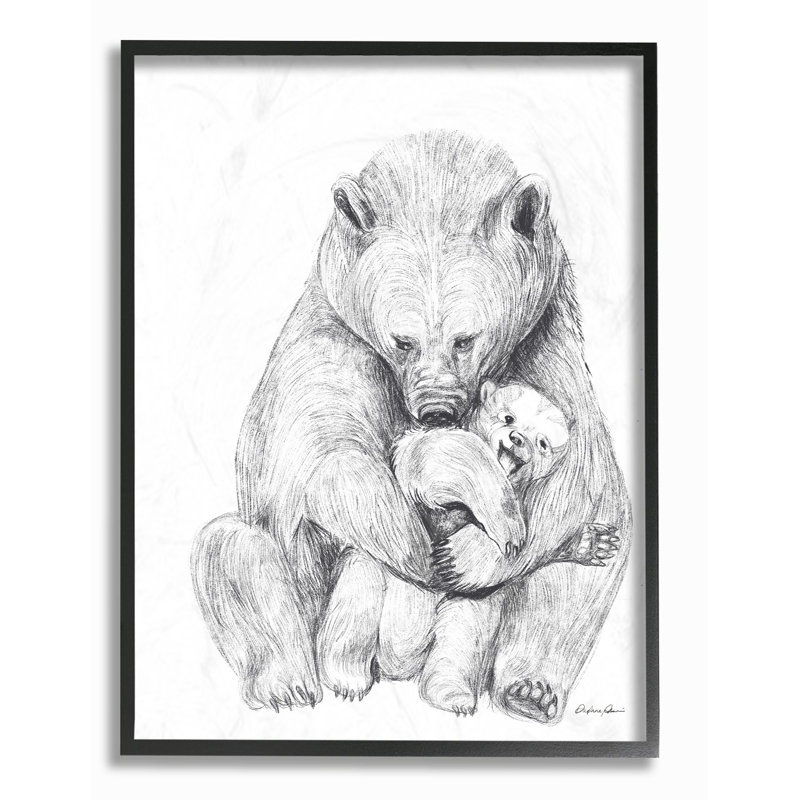 «Bear Family Animal Neutral Gray Dessin», impression, Giclée encadrée noir minuit, H 14 po x l 11 po