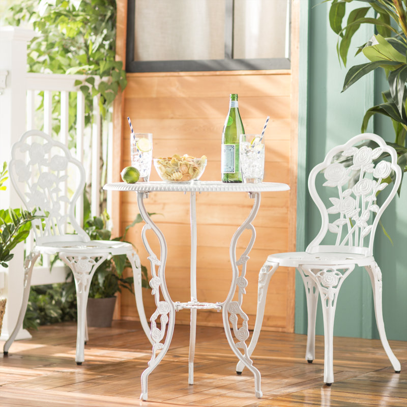 White Cast Aluminum Floral Bistro Set with Iron Legs