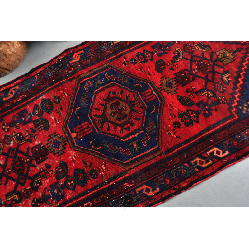 Tapis turc en laine tissé à la main avec motif géométrique rouge et bleu pour un décor classique bleu / rouge