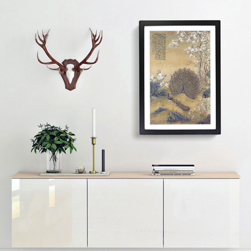 Peacock with a Spread Tail by Lang Shining - Picture Frame Painting Print, 36cm H x 27cm W x 2cm D, Black Framed