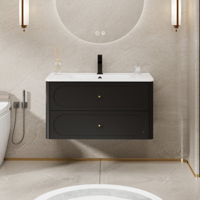 Meuble-lavabo mural avec comptoir intégré, meuble-lavabo flottant moderne peint à la main avec 2 tiroirs et bords arrondis