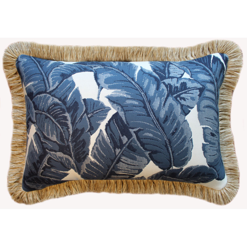 Tropics Saint Fringed Sunbrella Indoor / Outdoor Floral  Lumbar Pillow, Blue/Brown