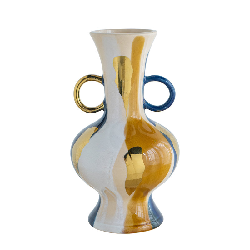 Round Ceramic Vase with Abstract Multicolored Finish, Blue/White