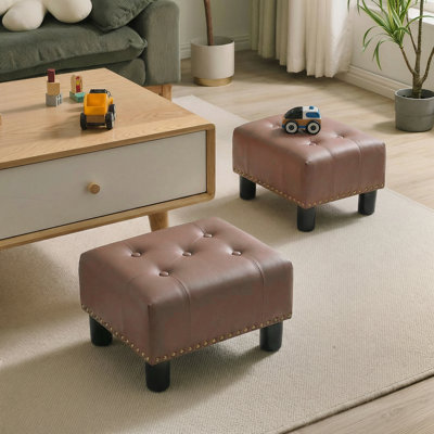 Upholstered Foot Stool Ottoman, PU Leather Tufted Footstool Footrest With Padded Seat For Living Room Bedroom