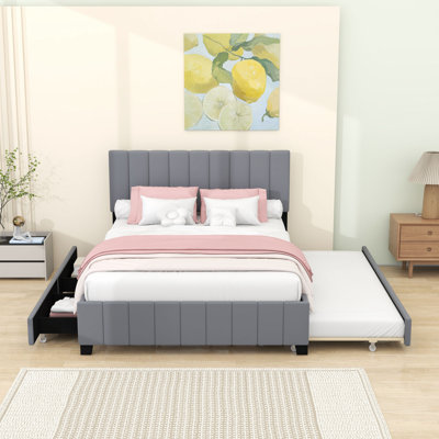 Queen-Size Upholstered Platform Bed with Headboard, Dual Storage Drawers and Twin XL Trundle by Ebern Designs