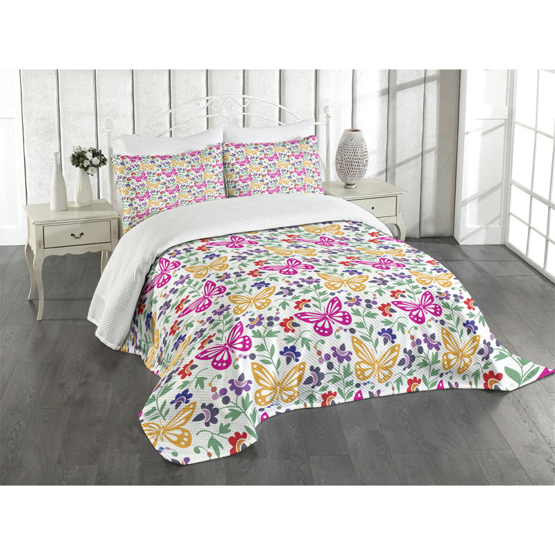 Ambesonne Spring Bedspread Set Vibrant Summer Blooms Multicolor, King Coverlet/Bedspread + 2 Standard Shams