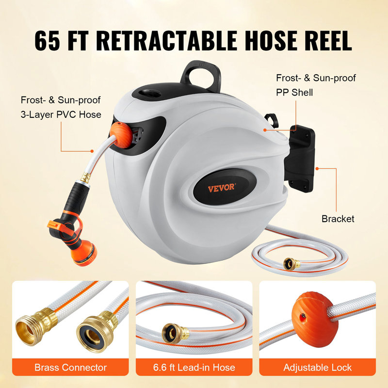 Retractable Hose Reel Water Hose Reel 65'X5/8" 180° Swivel Wall-Mounted