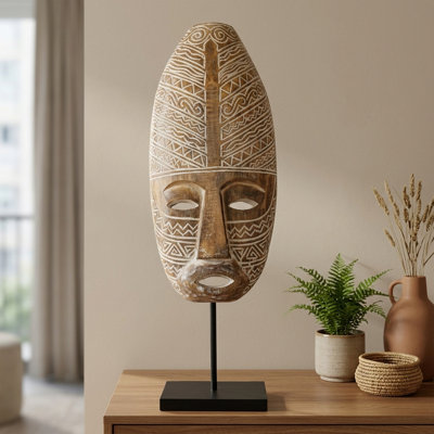 21" Wooden Hand Carved Tribal Ethnic Primitive Mask On Stand Sculpture Figurine Statue Handmade Home Decor Accent Handcrafted Art
