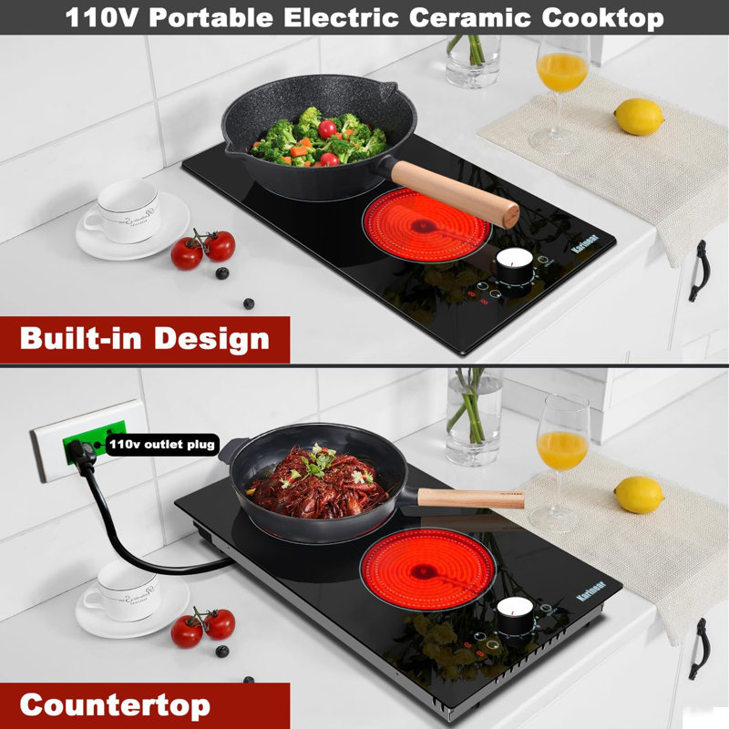 Plaque de cuisson électrique Karinear 110v avec prise, 12 pouces, 2 brûleurs, commande à bouton
