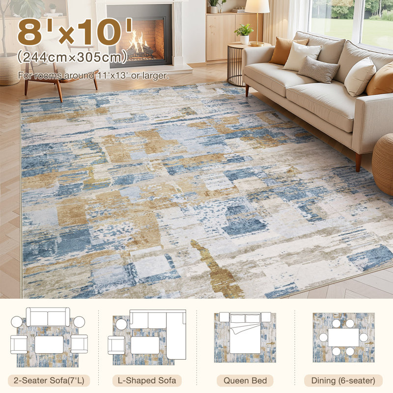 Tapis abstrait à motif abstrait Boho, Blue, Rectangle 8' x 10'