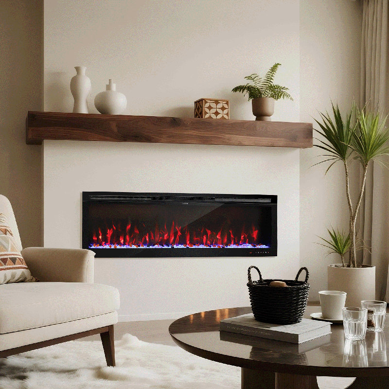Recessed Wall Mounted Electric Fireplace, Narrow Frame Fireplace Heater With 7X11 Flame Colors, Modern Fireplace Heater With Timer, Thermostat By Remote And Touch Panel, 750/1500W