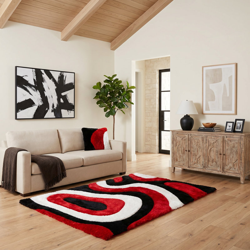 Tapis rouge / noir à poils longs Jakelyn, Rectangle 5 pi x 7 pi