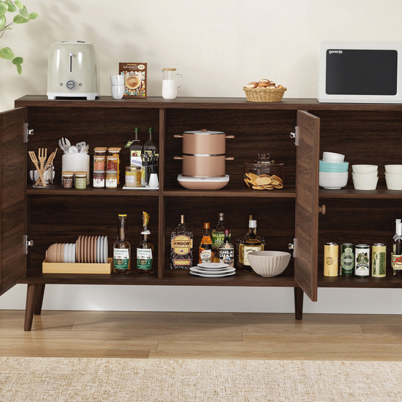 Buffet avec 3 portes en rotin et armoire de rangement moderne pour le salon (grand), Noyer