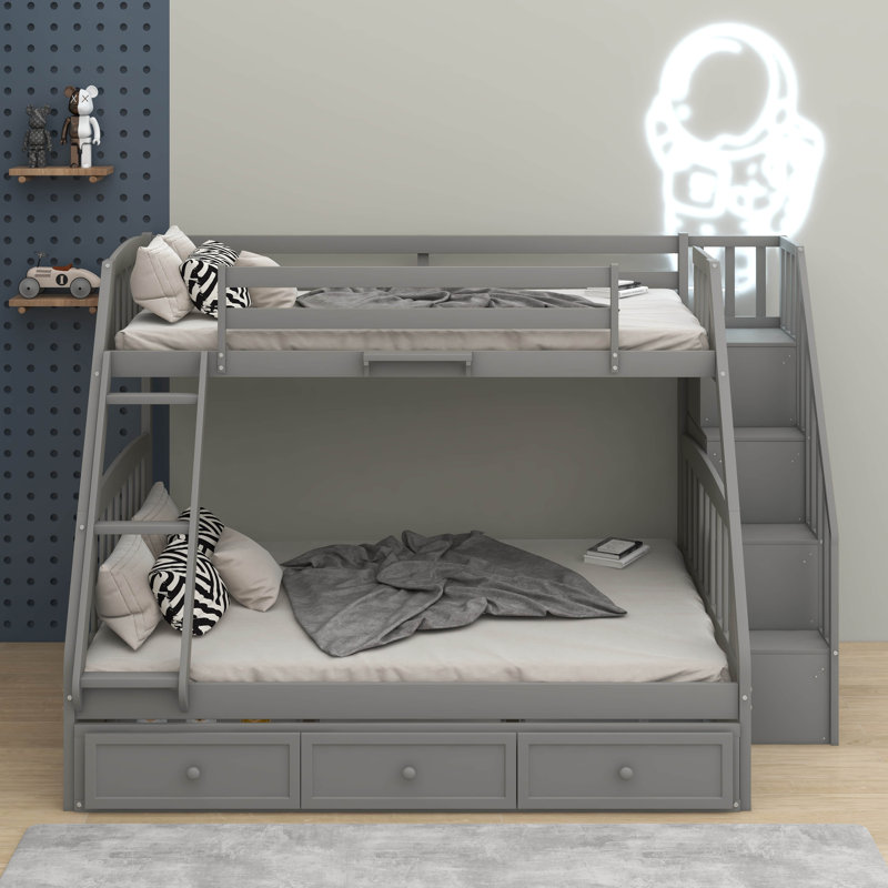 Lit simple superposé au dessus d'un lit double avec tiroirs, Gris