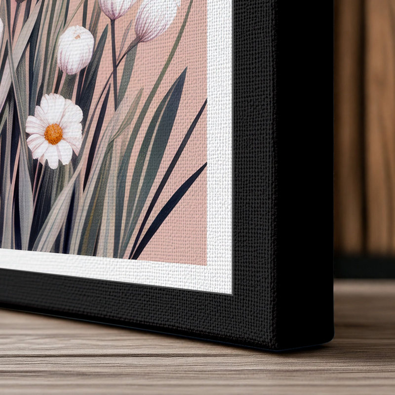 Daisies in Dusty Rose Botanical 1 Piece Wrapped Canvas Wall Art, 18x12 - 45.7 x 30.5 cm, Black Border