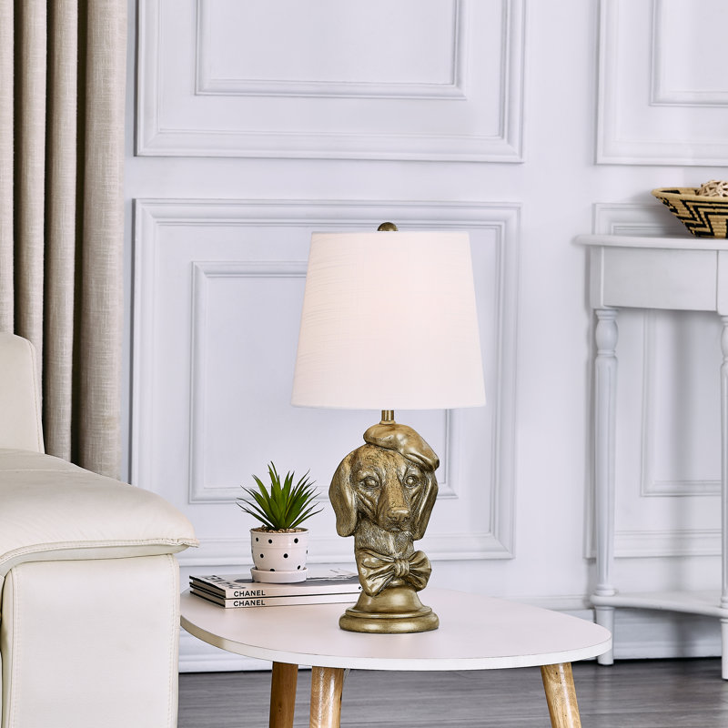 20" Gold Resin Dachshund Bust Table Lamp With Linen Shade, Gold, White