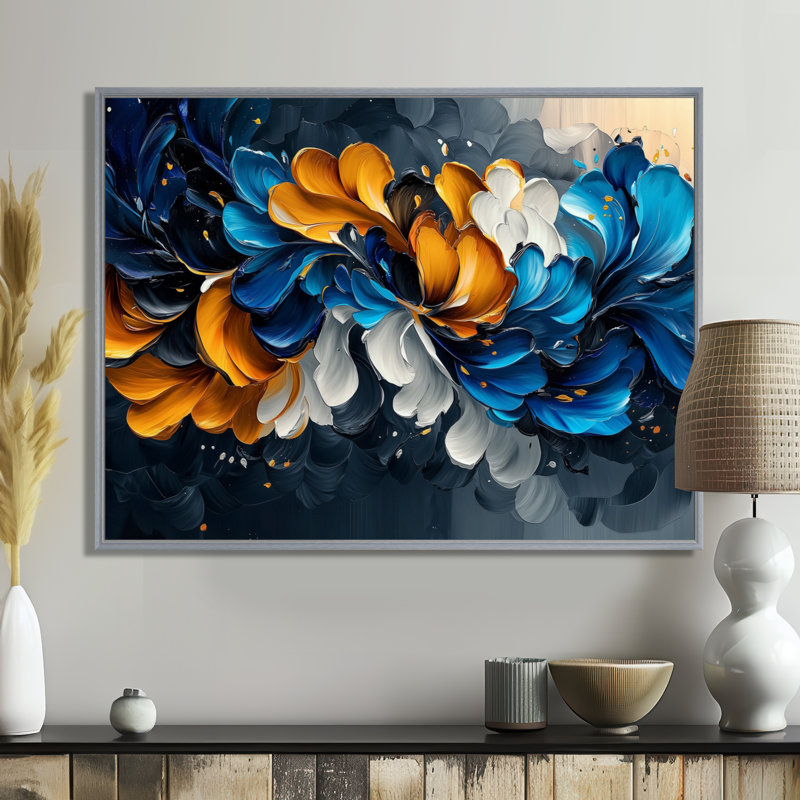 Bleu, orange, délicats pétales de fleurs en mouvement - fleurs, art mural, H 30 po x l 40 po, Avec cadre, Argent argent