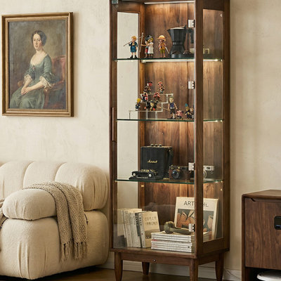 Vitrine 19,69 "en bois de noyer brun rétro avec porte en verre, bibliothèque de vin de salon et bibliothèque