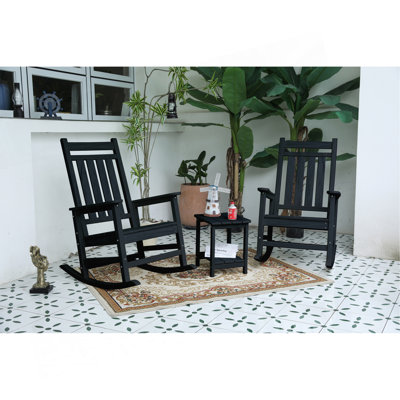 Outdoor Rocking Chair Set With Side Table, 3-Piece Rocking Chair Set With Wood-Texture,All Weather-Resistant,Black (Includes 2 Rocking Chairs And 1 Table)