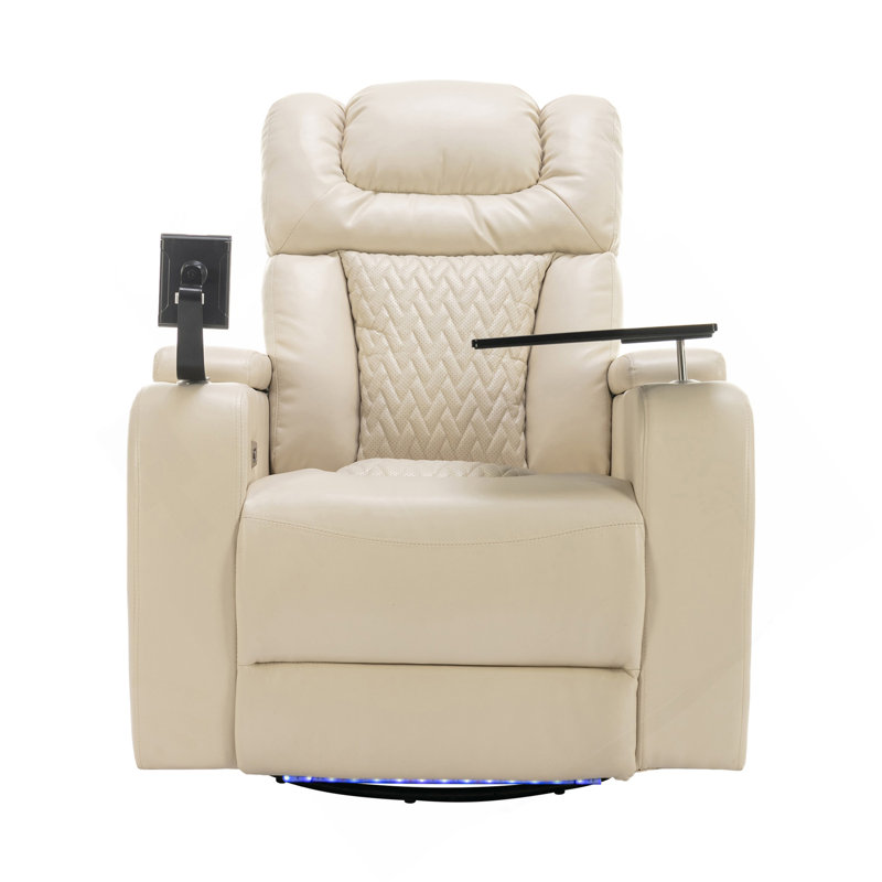 270 Degree Swivel PU Leather Power Recliner Individual Seat Home Theater Recliner With Tray Table,  Phone Holder, Cup Holder,  USB Port, Hidden Arm Storage For Living Room