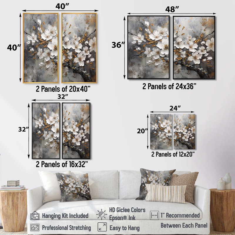 «White Grey Cherry Blossum Harmony I», reproductions d'art traditionnel sur toile, H 20 po x l 24 po, Noir