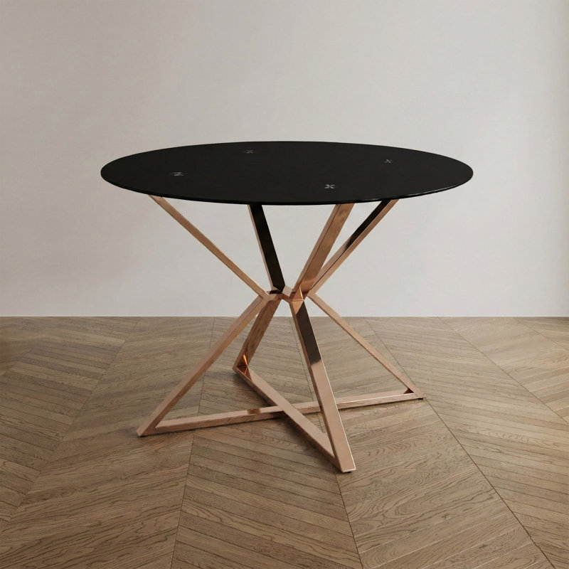Xander Round Glass Top Metal Base Dining Table, Black Top/Gold Base