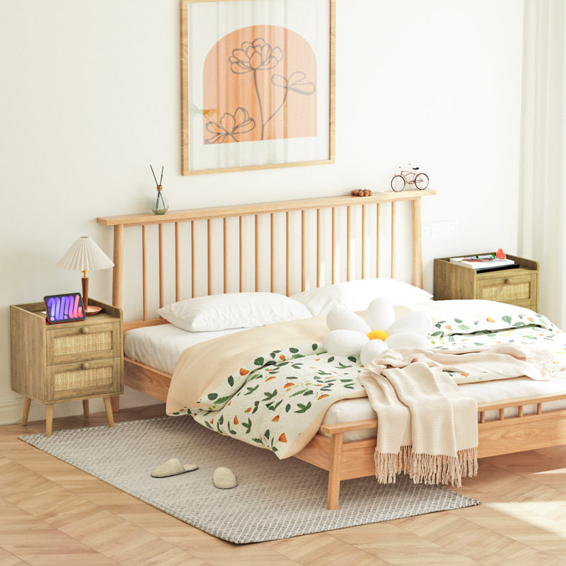 Ensemble de 2 tables de chevet en rotin avec concentrateur USB Machele, tables de chevet à 2 tiroirs de 15,9 po de largeur pour chambre à coucher et bureau