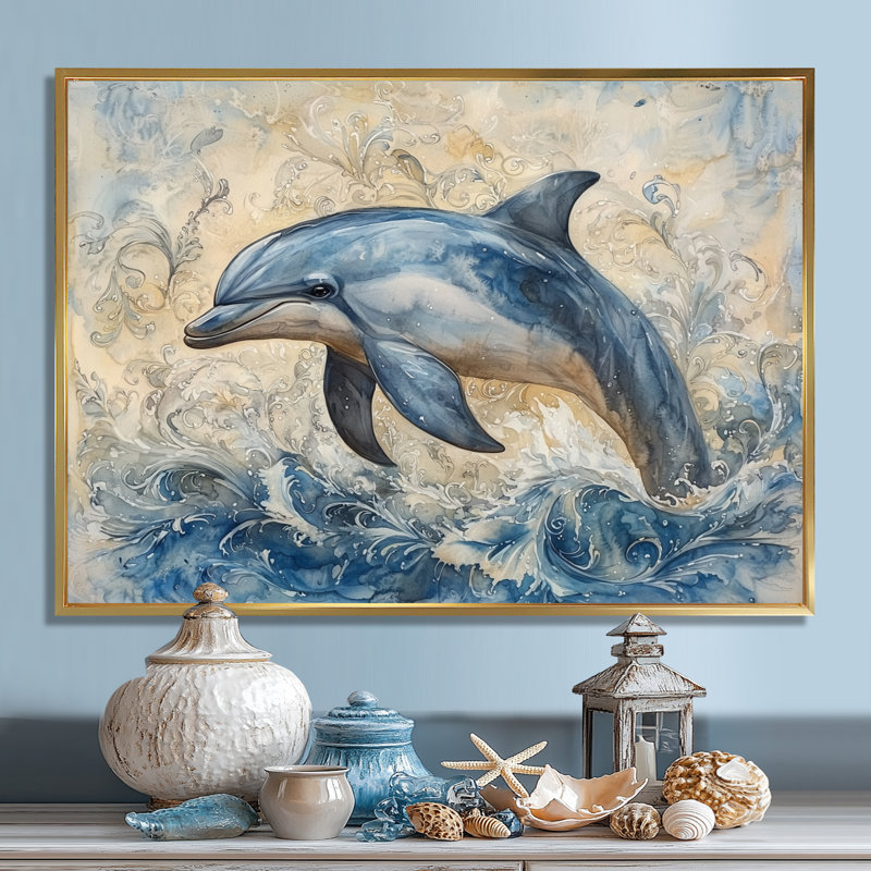 Dauphin majestueux, environnement océanique II, reproduction d'art mural dauphin, H 12 po x l 20 po, Doré
