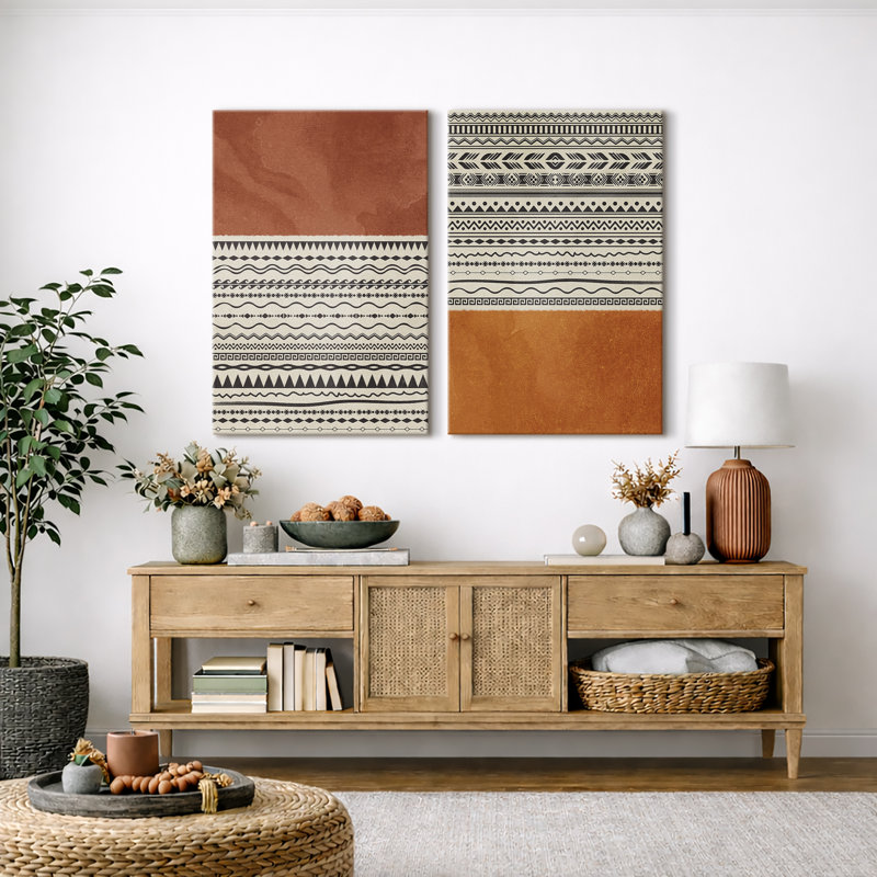 «Geometric Line», «Orange brun Tribal Boho Artwork», images murales bohémiennes abstraites, impression sur toile encadrée, 2 pièces