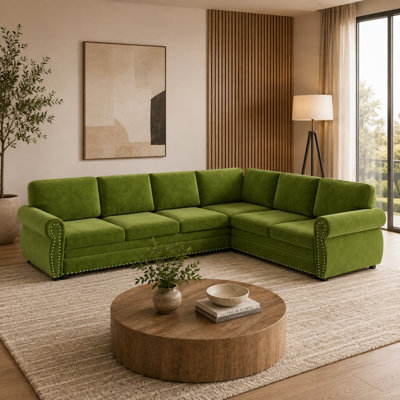 Caston 118" L-Shaped Chenille Sleeper Sectional Sofa with Pull-Out Bed, Rolled Arms, Nailhead Trim, Removable Cushions, 6-Seat Convertible Sofa for Living Room, Guest Room, or Office