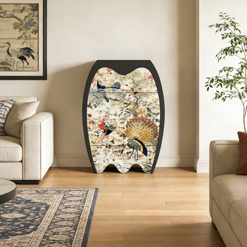 Commode florale en bois massif avec paon