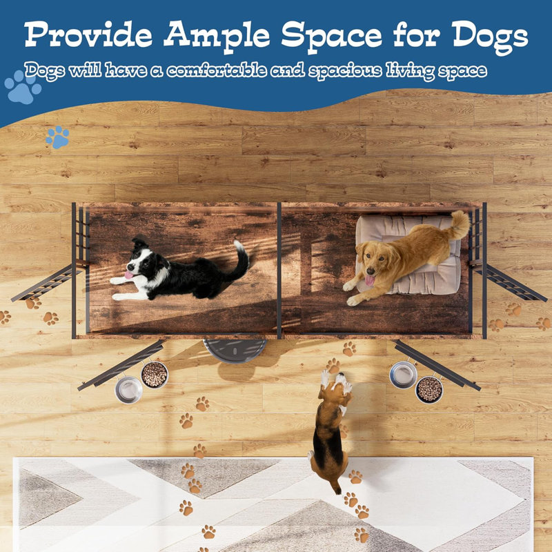  79" Dog Crate Furniture For 2 Dogs, Large Dog Kennel With 360° Rotating Feeder Bowls, Indoor Double Dogs Crates With 4 Doors, Wooden Crate Tv Stand With Removable Divider