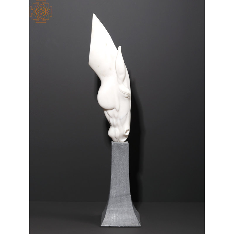 32" Large White Marble Horse Head Sculpture on Grey Stone Base – Modern Art Décor for Living Room & Office