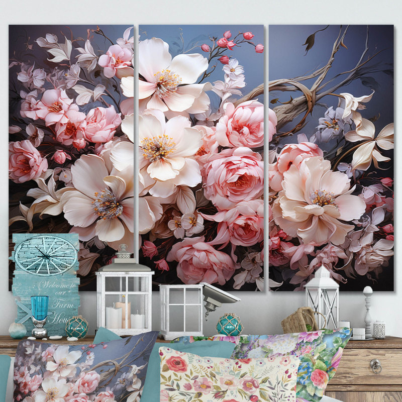 Couronne rose, impression romantique IV, 3 pièces, H 32 po x l 48 po x P 1 po
