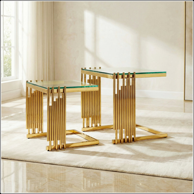 Ensemble de tables basses 2 pièces Modern Modern avec plateau en verre trempé, cadre en acier inoxydable résistant à la rouille pour des espaces de vie élégants