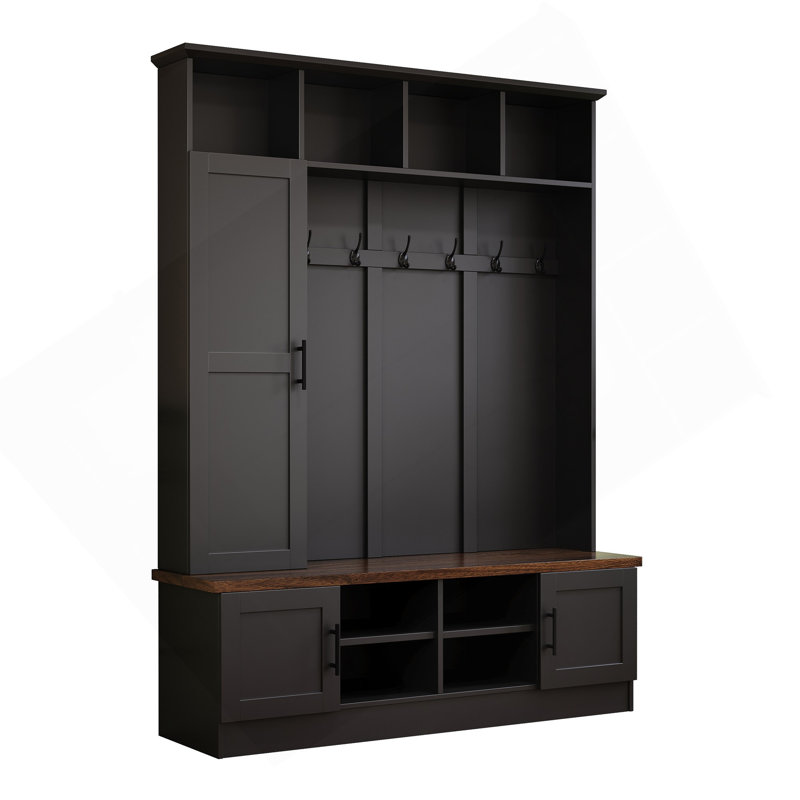 Versatile 3-In-1 Hall Tree With 6 Hooks, Walnut Storage Bench With Adjustable Shelves, 55"W Entryway Coat Rack With Multiple Storage Space For Mudroom, Hallway, Black