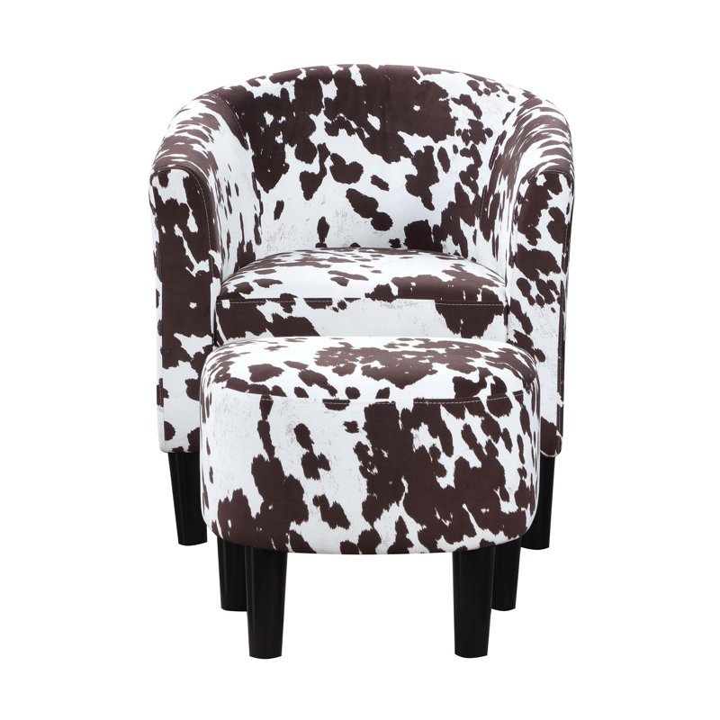 Anges Upholstered Barrel Chair with Ottoman, Brown Cow Print Polyester