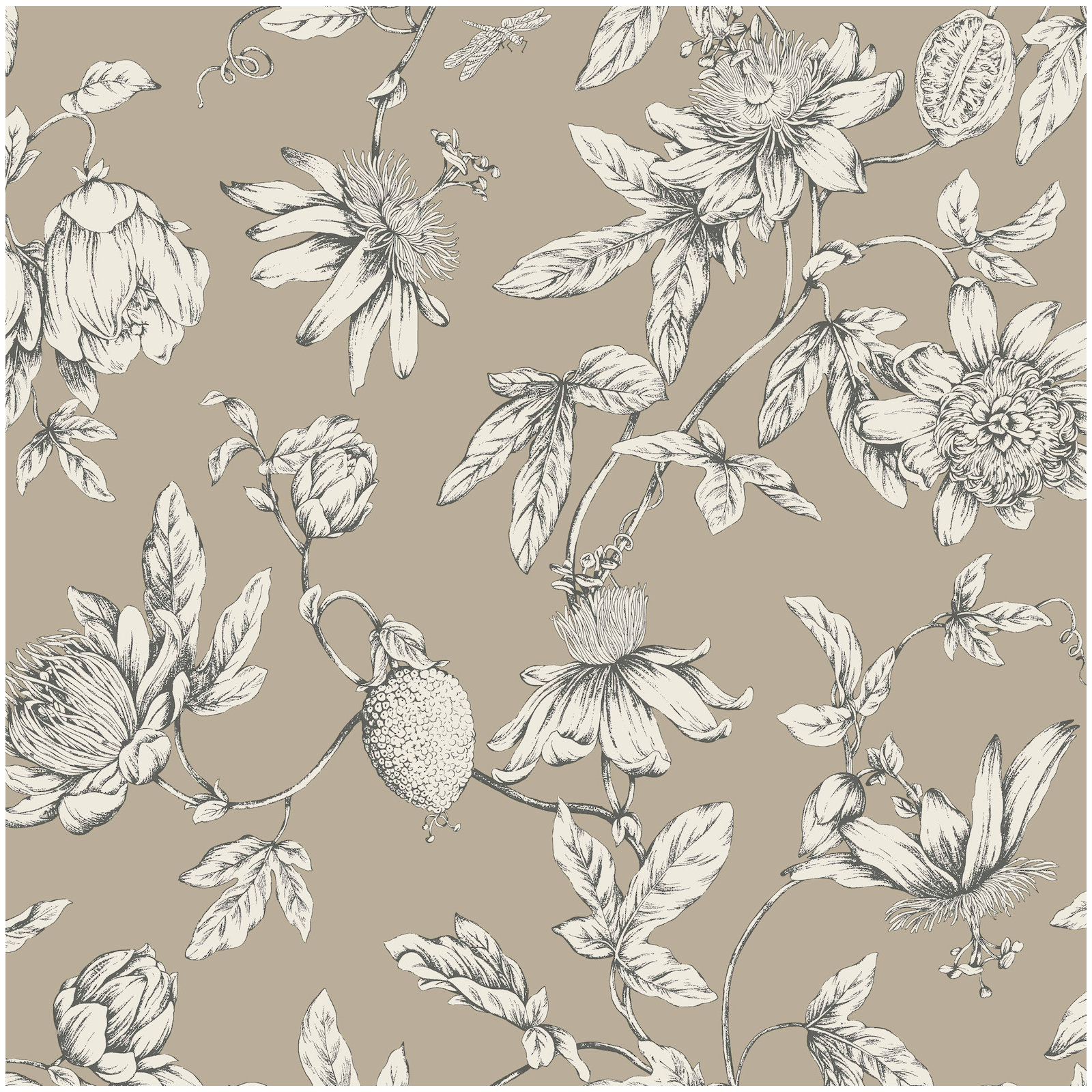 Passion Flower Toile Floral Wallpaper, Linen