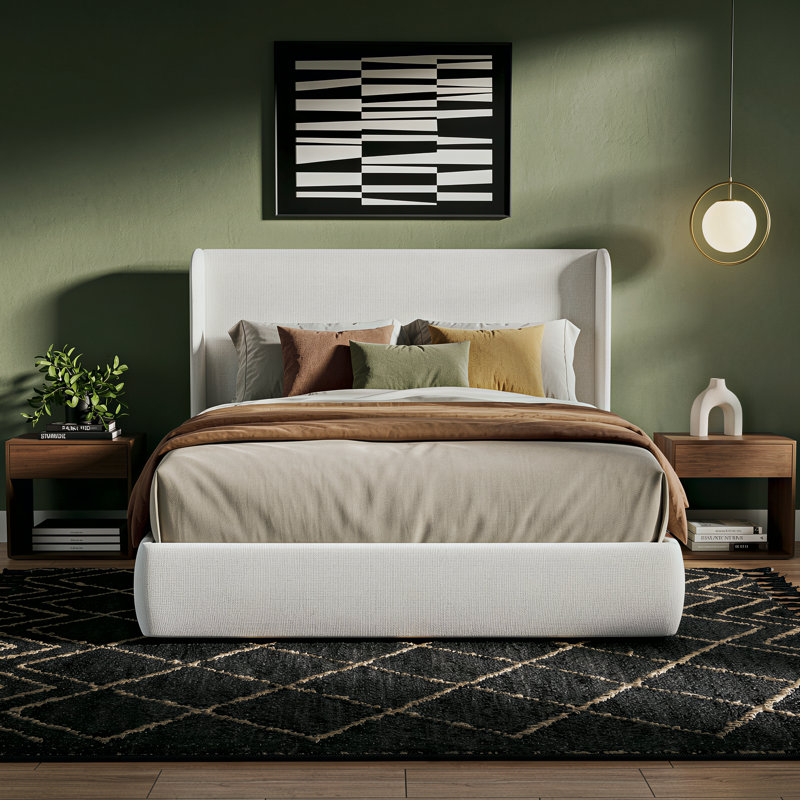 King Ivory Canvas Upholstered Wingback Bed Frame with Storage Drawers, 52” Tall Cushioned Headboard, Soft Edges, Low Profile Platform Bed, Sturdy Wood Slats, No Box Spring Needed