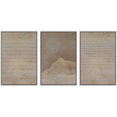 Geometric Line Grunge Geometric Minimalist Brown Abstract Frame Art 3 Piece Set - No Texture Graphic Canvas Print