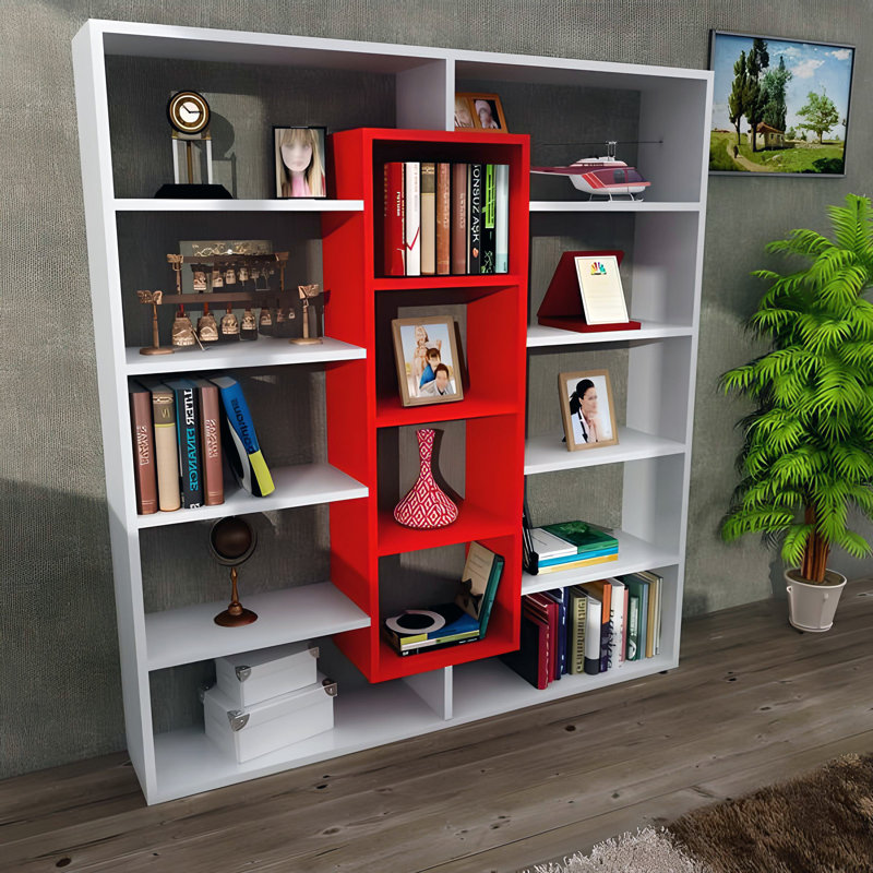 135.7cm H x 125cm W Library Bookcase, White Red