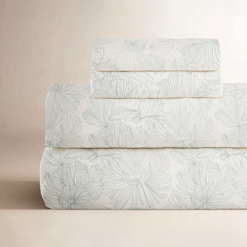 100% French Linen Sheet Set, Queen Sheet Set with 2 Pillowcases, Cream/Wave Floral