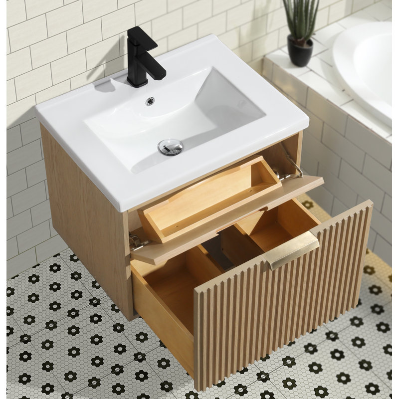 Anelie 24" Wall-Mounted Single Bathroom Vanity Set, Oak, Gold