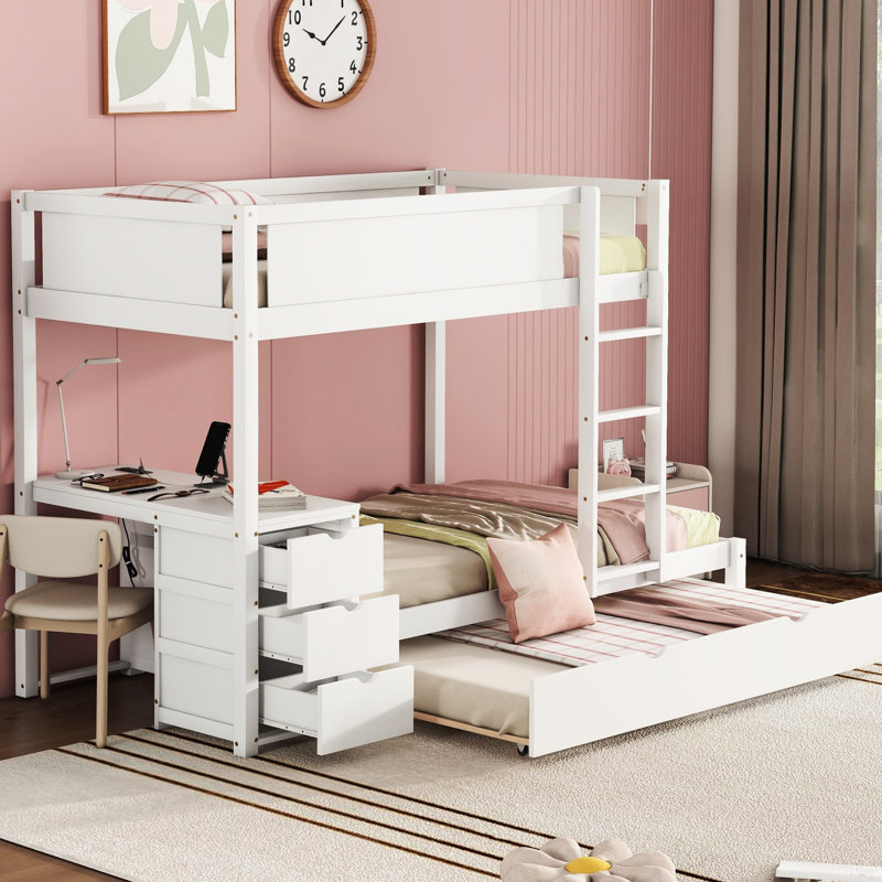 Lit superposé Twintwin avec bureau de rangement, lit gigogne simple et prises de courant, blanc - chambre à coucher moderne indispensable pour les familles
