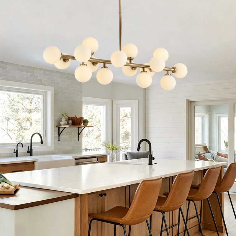 Mandre 16-Light Modern Sputnik Linear Chandelier, Brushed Gold Statement Globe Pendant for Dining Room or Kitchen Island