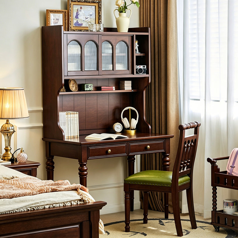 Bureau en bois massif brun de 39,37 po avec bibliothèque, armoire en verre arquée avec bande lumineuse à DEL et tiroir.