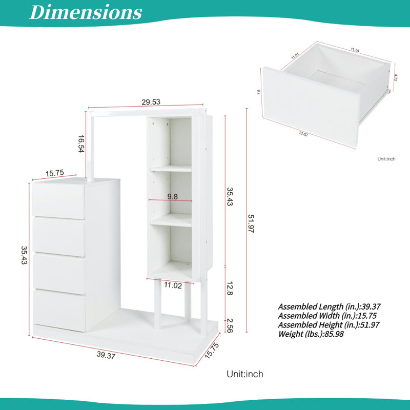 Armoire penderie à 4 tiroirs avec support à vêtements et tablettes à 3 niveaux