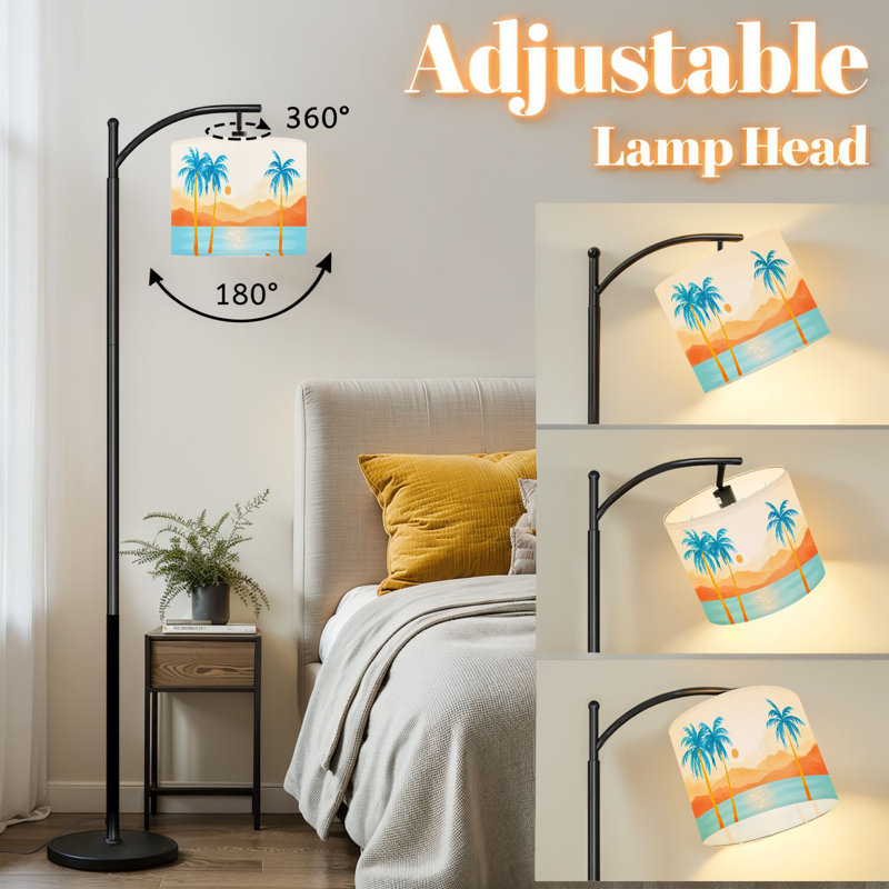 Lampe sur pied à arc avec abat-jour ajustable Sunset Desert Landscape Blue Palm Trees Calm Water Coastal Lampadaire 3 températures de couleur à intensité variable avec mât pour la chambre à coucher